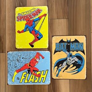 Vintage Superhero Metal Signs Set Superman Batman Flash
